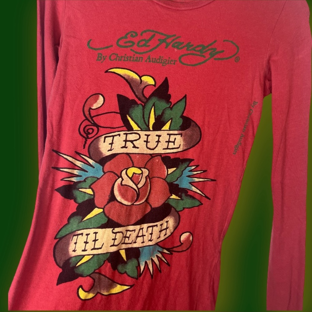 Authentic Ed Hardy tattoo graphic long sleeve t shirt “TRUE TILL DEATH” red tee